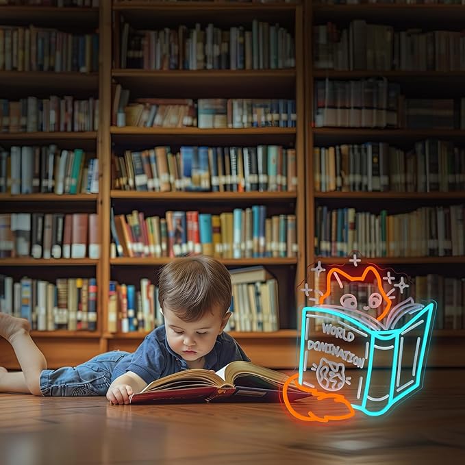 Books and Cat Neon Sign, Fox Reading Sign 3D Carving Led Light, Funny Cat Read Book Decoration, Library Wall Art, Book Store Decor, Gift For Kid, 14.6"x13"