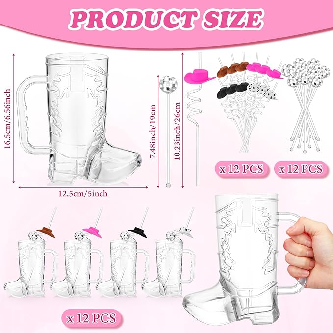 36 Pcs Cowboy Boot Glasses Bulk, 12 Cowboy Drink Mugs 12 Cowgirl Hat Straws 12 Mirror Disco Ball Stirrers for Western Theme Party Bachelorette Birthday Decorations(Clear)