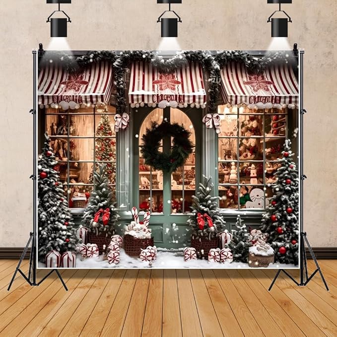 Leowefowa 8x6ft Christmas Photo Backdrop Candy Shop Winter Snowing Background Winter Vintage Window Merry Xmas Tree Baby Festival Family Decor Party Banner Photo Supplies Prop