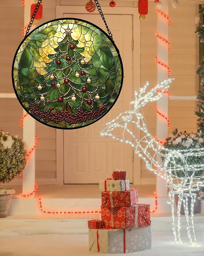 Stained Glass Window Hanging - Retro Green Christmas Tree Suncatcher for Doors Home Christmas Decoration Sun Catcher Thanksgiving New Year Birthday Gifts for Women Men Mom Nana 15 in