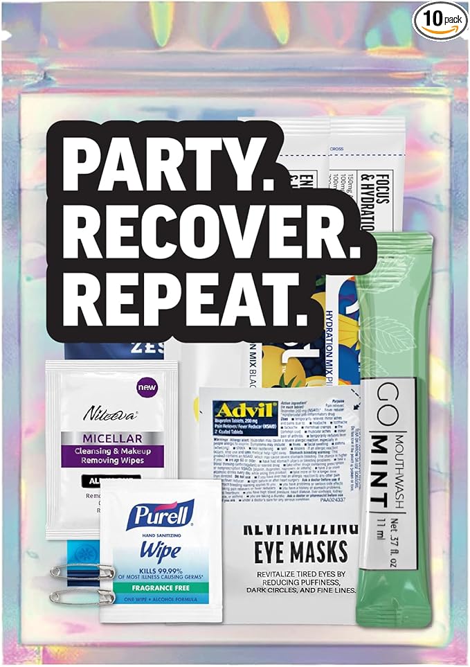 Hangover Kit – 10pc Pre-Filled Bags with Hydration & Recovery Items – Girls Trip Favors, Bachelorette Gifts, 21st Birthday Celebration Essentials, Wedding Weekend Party Must-Haves (10-Pack)