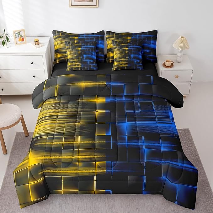 Feelyou Blue and Yellow Comforter Set with Sheets 7 Piece Twin Size Kids Geometric Bed in a Bag Strip Lines Bedding Set Abstract Art Bed Set with Comforter, Sheets,Pillowcases,Cushion Covers