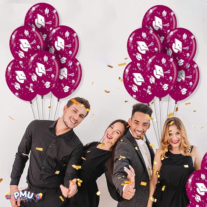 PMU 100 Pcs Burgundy Graduation Balloons Class of 2025 with All-Over Print White Grad Caps-Confetti and Streamers | Graduation Party Supplies | Congratulations Grad Latex Balloons Latex