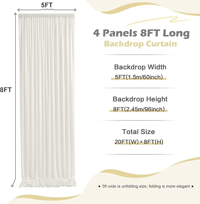20ft x 8ft Wrinkle Free Ivory Backdrop Curtain for Parties, 4 Panels 5x8ft Silky Polyester Ivory Wedding Backdrop Drapes Photo Back Drop Cloth for Birthday Baby Shower Photography Background