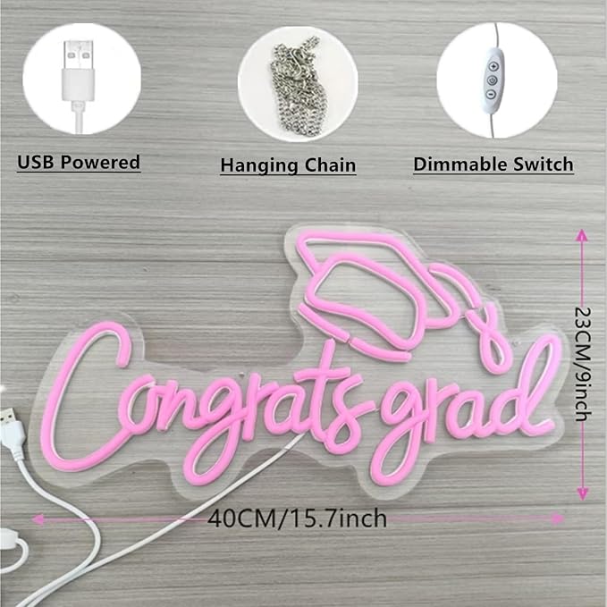 LED Acrylic Congrats Grad Neon Sign Dimmable Congrats Grad Banner Graduation Decorations Class of 2025 for Party Room Dorm Backdrop Celebration Gifts(Pink)