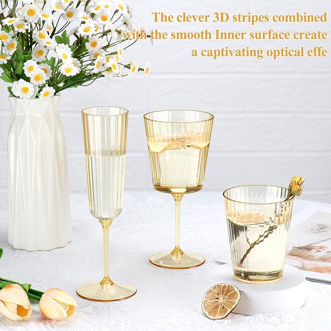 24 PCS Gold Ribbed Plastic Wine Glasses 13.5 OZ Ribbed Wine Glasses Detachable Wine Glass Elegant Fluted Glassware Vintage Style for Wedding Anniversary Birthday Dinner Parties