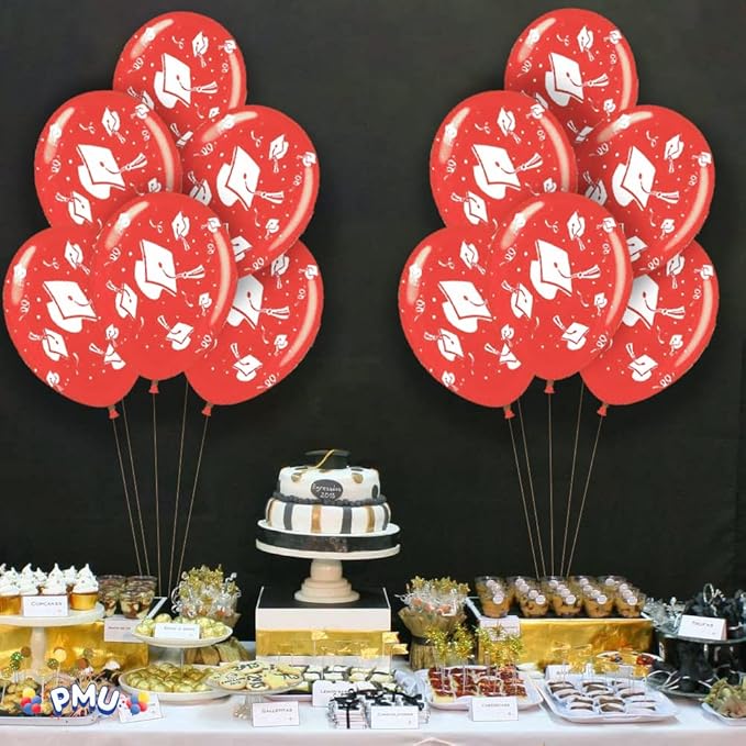 PMU 100 Pcs Red Graduation Balloons Class of 2025 with All-Over Print White Grad Caps-Confetti and Streamers | Graduation Party Supplies | Congratulations Grad Latex Balloons Latex