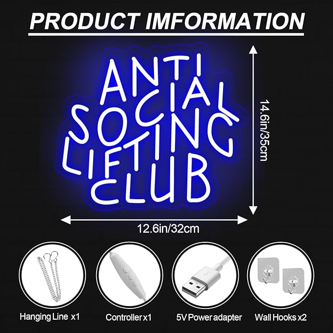 Anti Social Lifting Club, Neon Light Signs, Weight Lifting Sign, Workout Gym Wall Decoar, Home Gym Sign, 14.6"x12.6"
