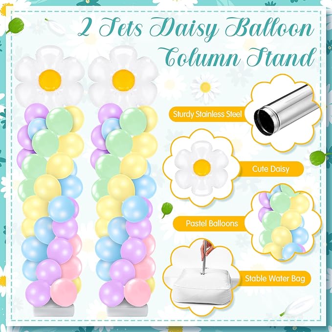 Kasyat 2 Sets Daisy Pastel Party Balloon Column Stand Kit, Adjustable Groovy Balloon Arch Stand Kit for Macaron Boho Summer Daisy Floral Theme Two Groovy Party Decoration
