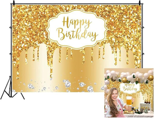 Baocicco 7x5ft Gold Happy Birthday Backdrop Modern Luxury Glitter Diamond Photography Background for Women Girls Sweet Princess Birthday Party Bridal Shower Decor Banner Supplies Photo Booth Props