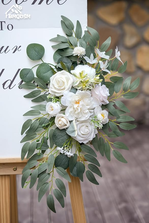 Wedding Arch Faux Flowers Set of 2 Wedding Welcome Sign for Wedding Decor Ceremony and Reception Backdrop Decoration (White)