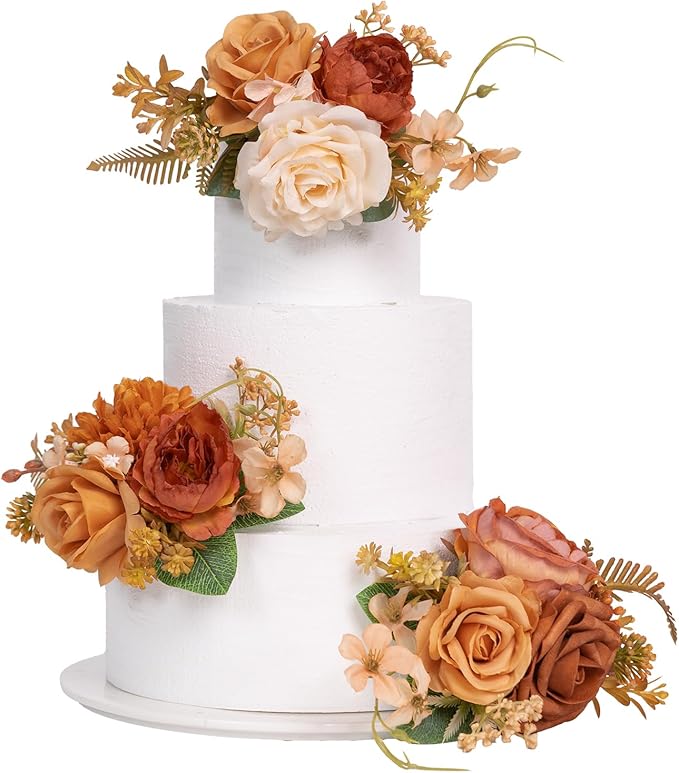 TINGE TIME 3Pcs Pre-made Cake Toppers，Silk Artificial Flowers Decor，Cake Decorations for Weddings, Birthdays, Party,Baby Shower,Celebration (Burnt Orange)