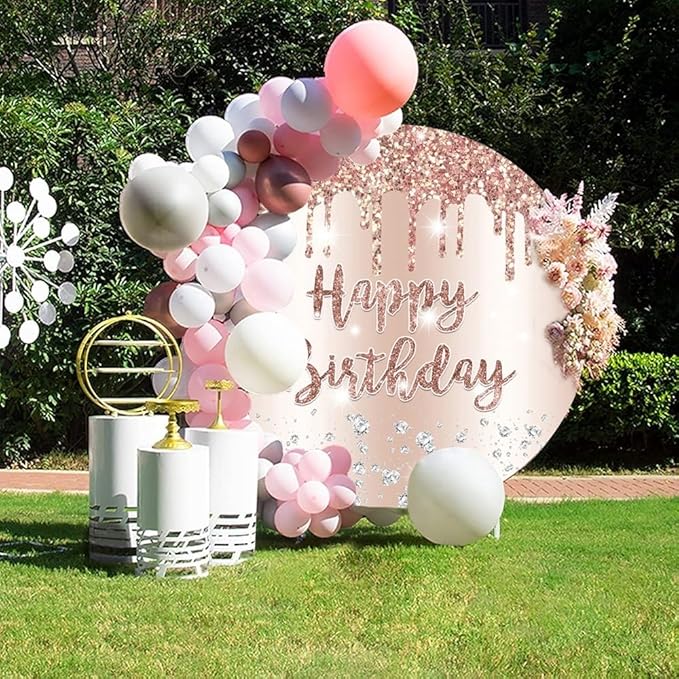 OERJU 6x6ft Round Birthday Backdrop Cover Rose Gold Glitter Diamonds Happy Birthday Background for Photography Women Girls 16 18th 21th 30th Bday Party Decorations Photo Studio Booth Props