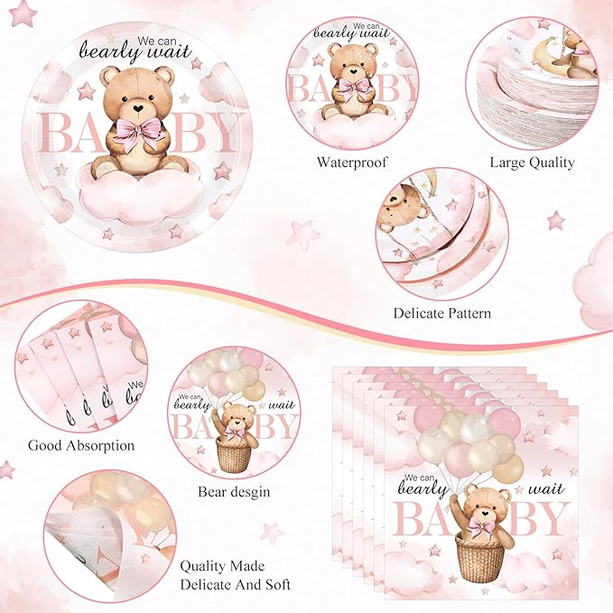 452 Pcs We Can Bearly Wait Baby Shower Decorations, Pink Bear Paper Plates Napkins Cups Tablecloth Cutlery Straws for Pink Baby Shower Gender Reveal Birthday Party Supplies, Serves 50