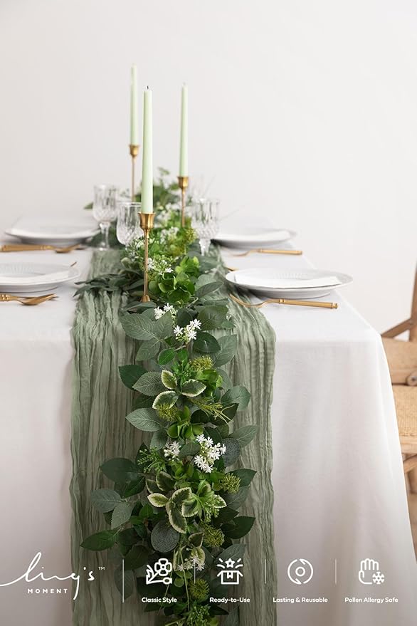 Ling's Moment 5FT Sage & Green Artificial Flower Garland Fake Rose Eucalyptus Garland Arch Flowers Vine for Wedding Party Backdrop Home Table Centerpieces Decorations