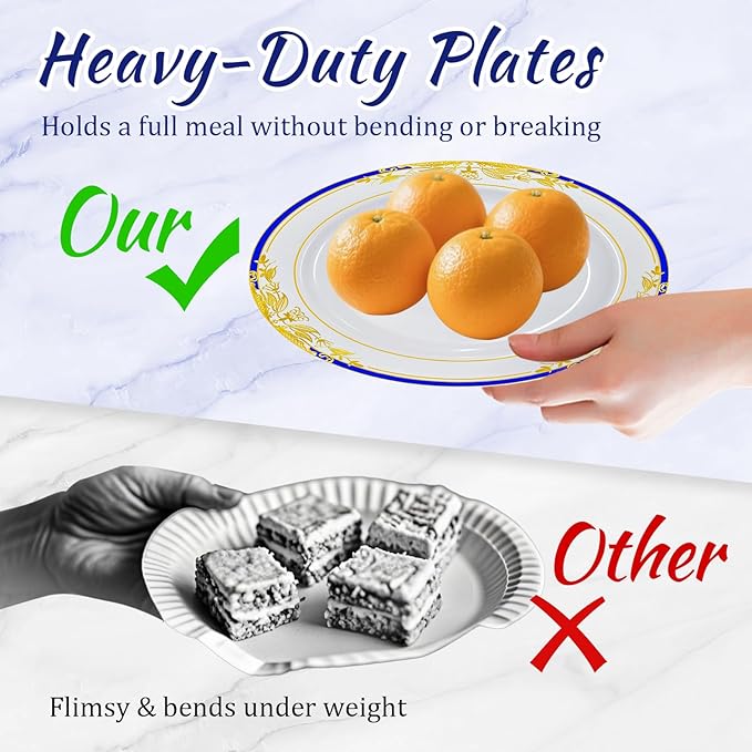 MENDENG 50Pcs Disposable Plastic Plates for Party, 25x7.5Inch & 25x10.25Inch Elegant Fancy Plastic Wedding Plates Disposable, Heavy Duty Dessert Party Dinner Plates