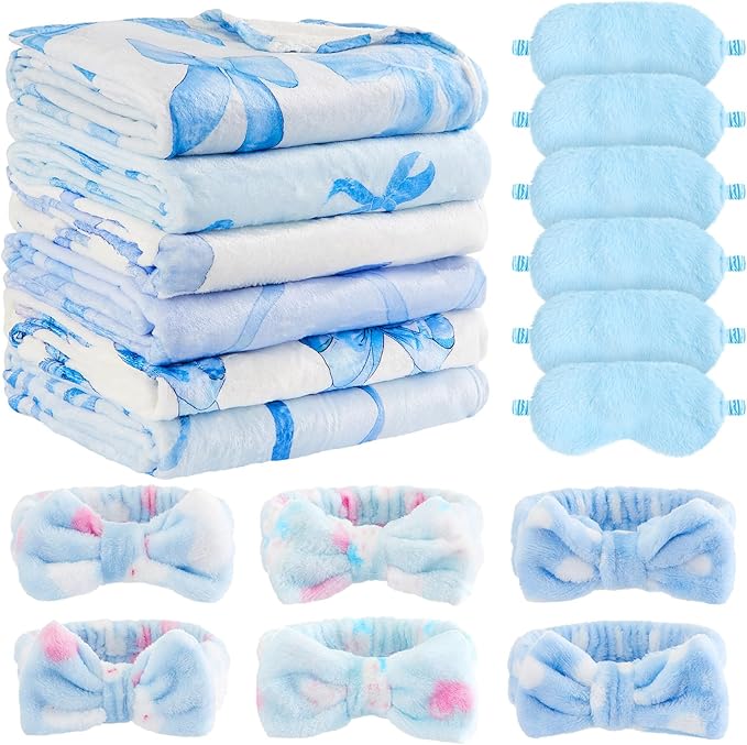 18 Pcs Sleepover Party Supplies for Girls, 6 Style Cute Blue Bow Blanket 6 Coral Fleece Spa Headband 6 Plush Blue Eye Mask Cover for Slumber Sleepover Spa Party Gift