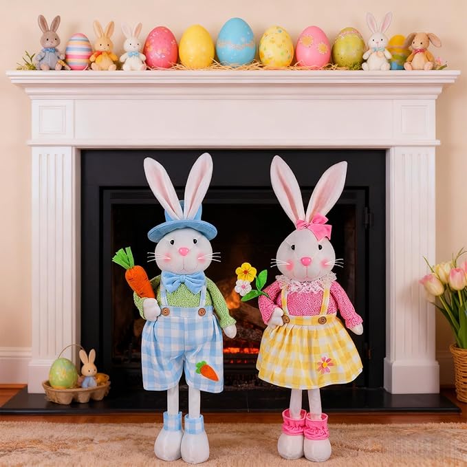 Juegoal 2 Pack Easter Decorations Standing Bunny with Stretchable Legs, 23" to 32" Handmade Easter Rabbit Couple Statues, Cute Photo Props Gifts for Office Kitchen Farmhouse Spring Home