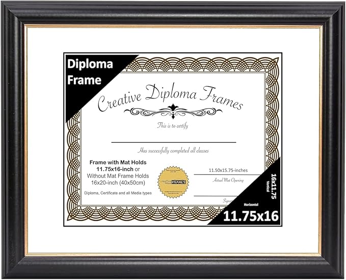 Creative Picture Frames 11.75" x 16" Rockefeller Black w/Gold Rim Diploma Frame, Displays 11.75" x 16" Certificate or 16" x 20" Document w/o Mat, College Degree Frame, Full-Strength Glass, White Mat