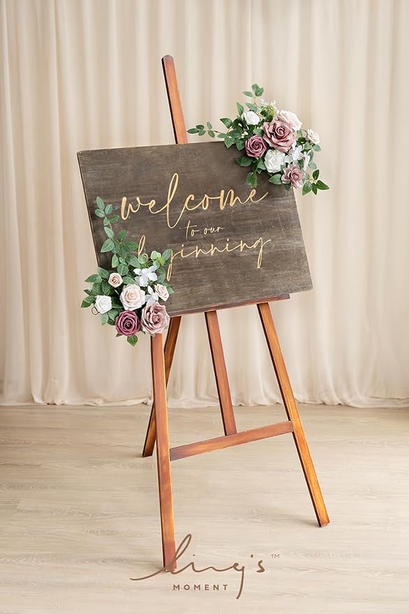 Ling's moment 2pcs Wedding Artificial Floral Swag Welcome Sign Flowers Backdrop Garland Dusty Rose Pink Cream for Ceremony Reception Door Wall Home Decorations Entryway Outdoor Board Table Decor