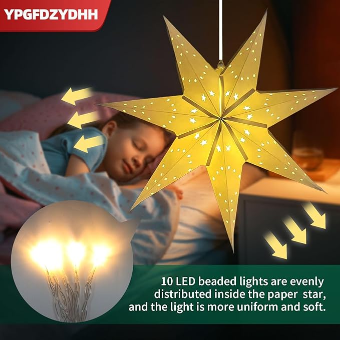 3 Pack 23" Paper Star Lantern with LED Lights, 7-Point Hanging Star Light for Christmas Advent Wedding Birthday–Classic White 3D Paper Lantern with Remote for Indoor Outdoor Decor