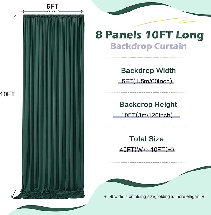 40ft x 10ft Wrinkle Free Hunter Green Backdrop Curtain for Jungle Parties, 8 Panels 5×10ft Soft Silky Green Polyester Photo Backdrop Drapes for Wedding Birthday Photography Christmas Background Cloth