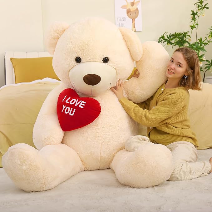 Tezituor Giant Teddy Bear Stuffed Animal 5Ft with Heart,Large Cream I Love You Bear Plush Toys for Kids Gift for Girlfriend