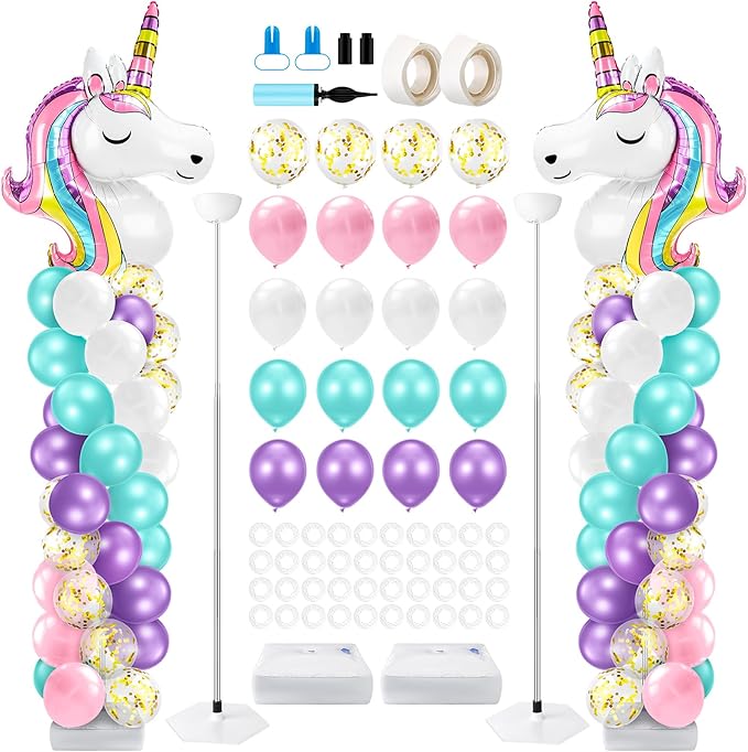 Kasyat 2 Set Party Balloon Column Stand Kit with 2 Balloons 100 Latex Balloons, Adjustable Balloon Stands Party Supplies for Girls Wedding Baby Shower Birthday (Unicorn, White)