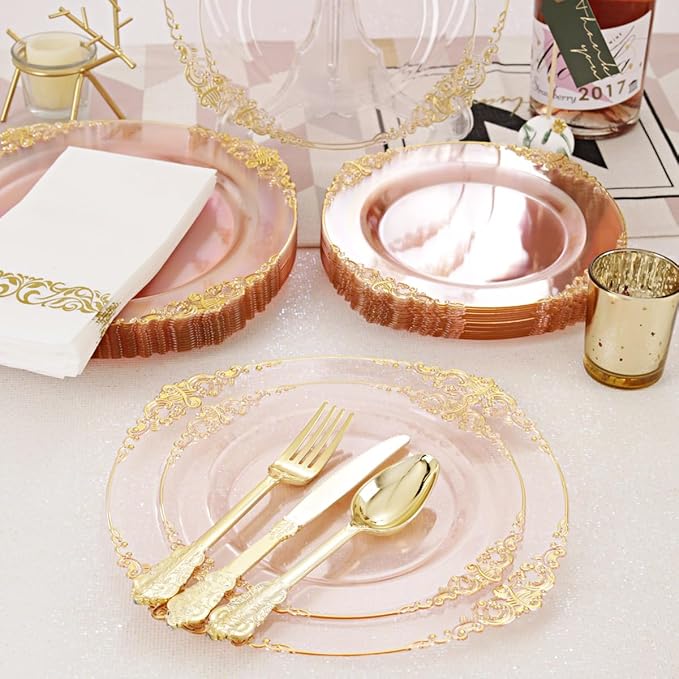 Hioasis 175pcs Pink and Gold Plates - Pink Party Plates for 25 Guest, Include 50 Heavy-duty Plates(20% Thicker Than Standard), 75 Cutlery Set, 25 Napkin, 25 Cups