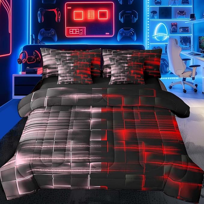 Feelyou Red and Pink Comforter Set with Sheets 7 Piece King Size Kids Geometric Bed in a Bag Strip Lines Bedding Set Abstract Art Bed Set with Comforter, Sheets,Pillowcases,Cushion Covers