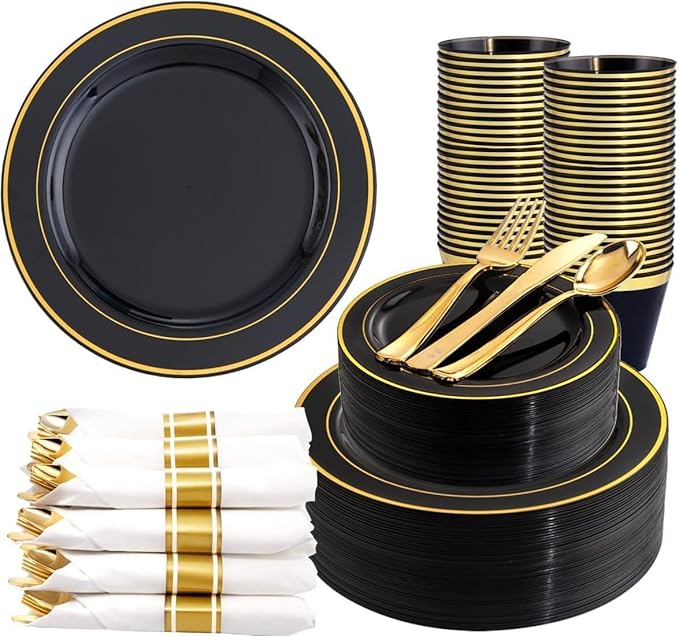 350 Pieces Black and Gold Plastic Plates with Disposable Silverware, Include 50 Dinner Plates 9”, 50 Dessert Plates 6.3”, 50 Black Cups 9 OZ, 50 Pre Rolled Napkins for New Year