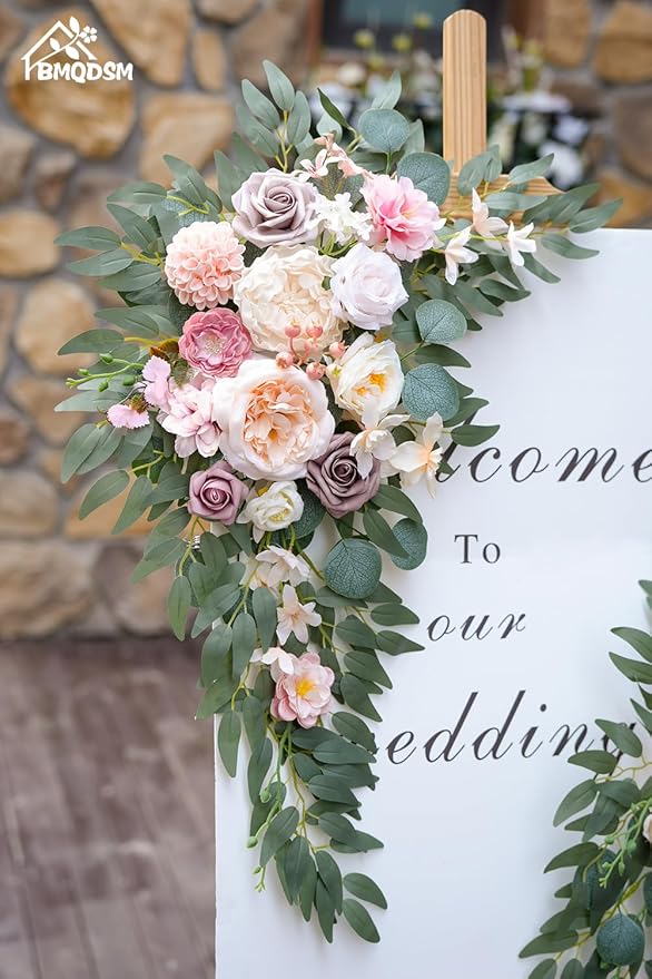 Faux Flowers Wedding Arch Flowers Kit(Pack of 2) Wedding Welcome Sign for Wedding Decor Ceremony and Reception Backdrop Decoration (Dark Pink)