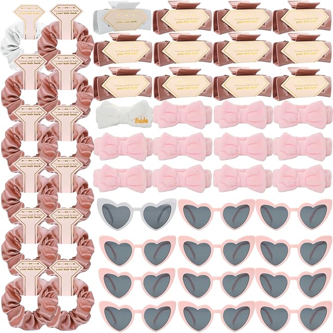 Bridesmaid Scrunchies Proposal Gifts square 4.1inch Bachelorette Hair Claws Clips women heart sunglasses headband gift for Wedding Party Favors (White&Rose Gold 48pcs)
