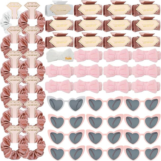 Bridesmaid Scrunchies Proposal Gifts square 4.1inch Bachelorette Hair Claws Clips women heart sunglasses headband gift for Wedding Party Favors (White&Rose Gold 48pcs)
