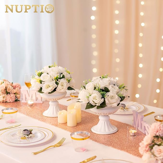 NUPTIO White Flower Centerpieces for Tables: 6 Pcs Artificial Flower Ball Arrangement for Wedding Party - 9.5 Inch Diameter Fake Floral Rose for Bridal Shower Decorations