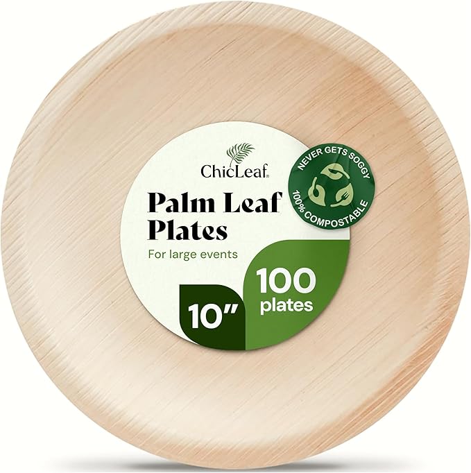 Chic Leaf Round Palm Leaf Plates - 10", Pack of 100 - Durable Party Pack - Cristmas Dinner Eco Friendly Party Supply & Wedding Plates - For Charcuterie Board Accessories, Romantic Dinner for 2