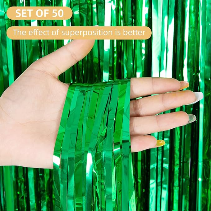 Green Foil Fringe Curtains 50 Pack 3.2ft x 8.2ft Fringe Backdrop Curtains Metallic Tinsel Streamer Photo Backdrop for Birthday Party Decorations Halloween Christmas Party Supply (Green)