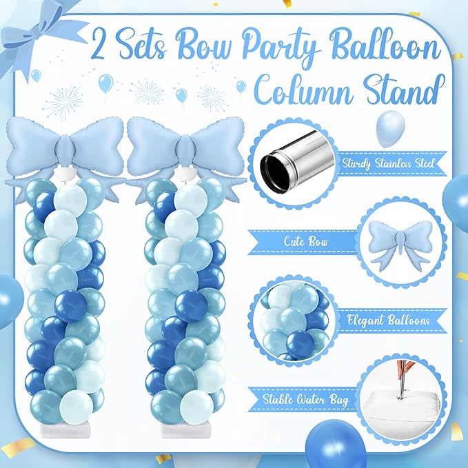Kasyat Dusty Blue Bow Balloon Column Stand Kit Retro Baby Blue Balloon Arch Garland Kit Bow Decor for Boy Baby Bridal Shower Birthday Wedding Party Coquette Decorations