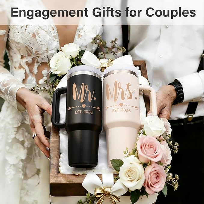 Qtencas Wedding Gifts for Couples 2026, Mr and Mrs Gifts 2026 Tumblers Set, Engagement Anniversary Wedding Gift for Newlyweds, Mr and Mrs Gift (Black & Beige)