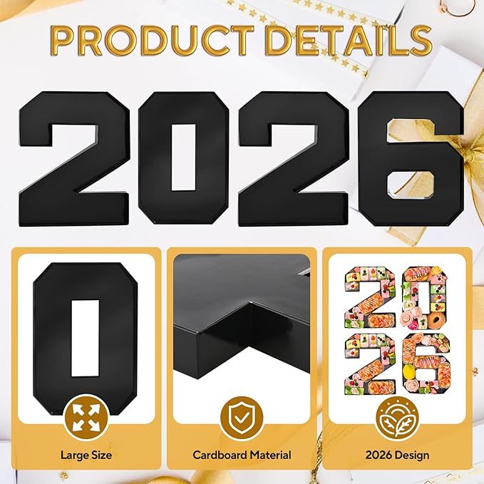 2026 Set Cardboard Number for Charcuterie 10.2'' Black Fillable Tray Charcuterie Paper Box for Graduation Anniversary Birthday New Year Party Decorations Chocolate Cookies Goodie Cupcake Box
