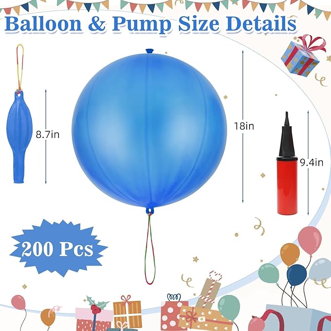 200 Pcs Punch Balloons Heavy Duty Punching Balloon Halloween Party Favors with Rubber Band Handle and Air Pump for Birthday Halloween Goodie Bag Stuffer Supply (Blue)