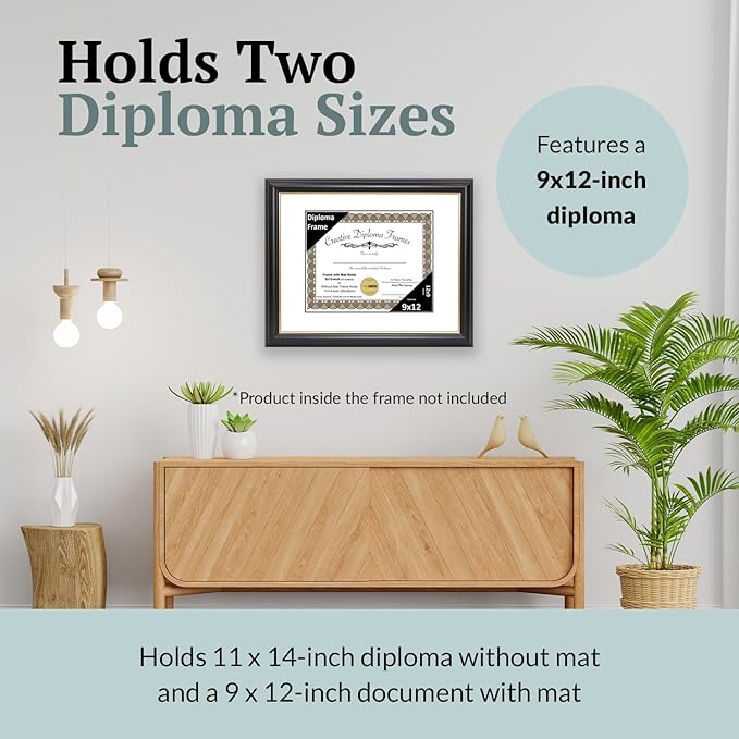 Creative Picture Frames 9" x 12" Rockefeller Black with Gold Rim Diploma Frame, Displays 9" x 12" Certificate or 11" x 14" Document without Mat, College Degree Frame, Full-Strength Glass, White Mat