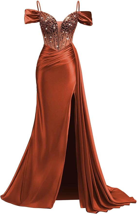 Rjer Off The Shoulder Satin Prom Dresses Long with Slit Tail 2026 Sequin Beaded Pleated Evening Ball Gown for Women Formal