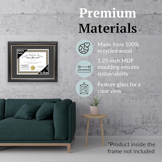 Creative Picture Frames 11.75" x 16" Rockefeller Black w/Gold Rim Diploma Frame, Displays 11.75" x 16" Certificate or 16" x 20" Document w/o Mat, College Degree Frame, Full-Strength Glass, Black Mat