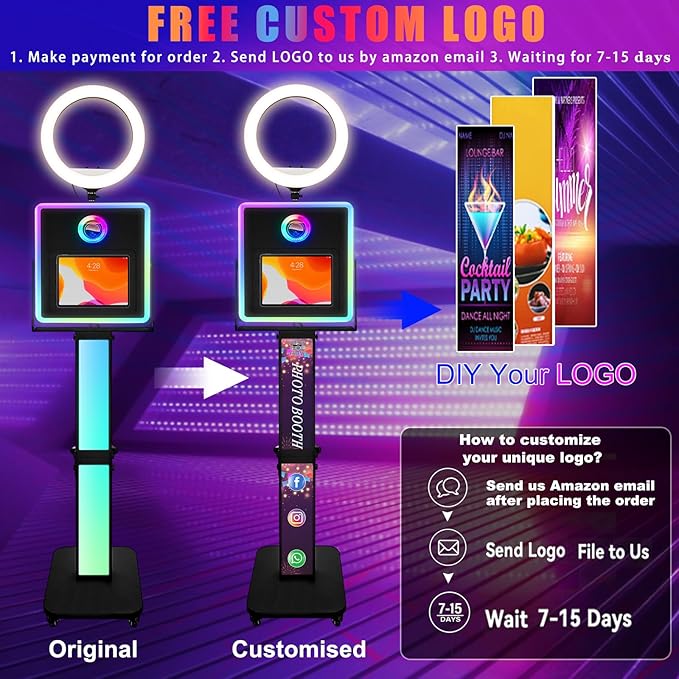 Photo Booth for iPad 10.2" 10.9" 11" 12.9" & Camera,2-in-1 Selfie Station Shell Stand Camera Photobooth Machine,App Control RGB Fill Light,for Parties,Rental Business (Black + Honeycomb Box)