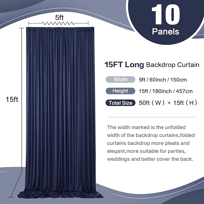 50ft x 15ft Navy Blue Wrinkle Free Backdrop Curtains for Parties,Silky Polyester Fabric Wedding Ceiling Drapes, 10 Panels 15ft Photo Back Drop Drapes for Baby Shower Photography Stage Background Cloth