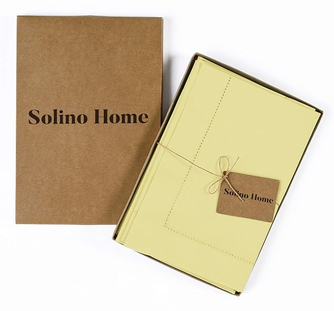 Solino Home Yellow Napkins Set of 4 - Cotton Linen Hemstitch Dinner Napkins Cloth 20 x 20 Inch for Spring, Easter - Handcrafted and Machine Washable