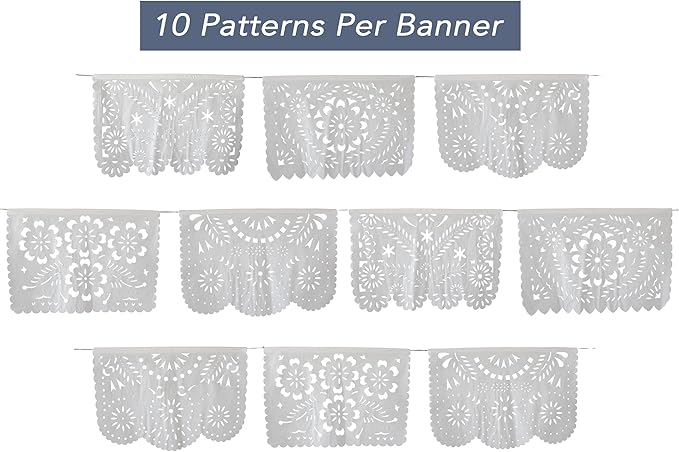 Papel Picado White Plastic Banner 5 Pack, 19 x 13 in Giant Panels, 82 Ft Total Length, 50 Panels, Mexican Wedding Fiesta Quinceañera Decor