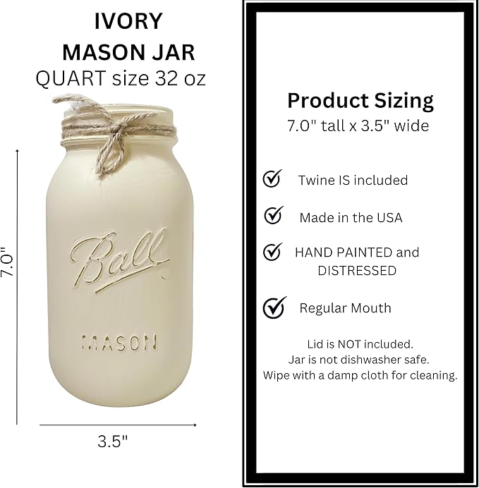 Mason Jar Centerpieces for Tables, Set of 5-32 oz Hand-Painted Ivory Mason Jars for Wedding, Baby Shower, Bridal Shower - Rustic Bridal Shower Centerpieces for Tables (5 Ivory Jars - No Flowers)
