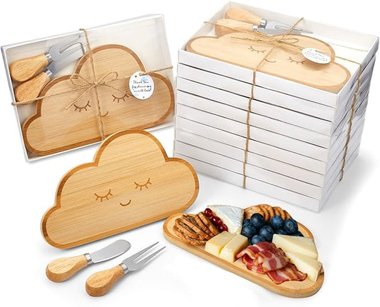 18 Set Baby Shower Party Favors Mini Cheese Cutting Board Cloud Shaped Small Charcuterie Board with Knives Forks Thank Tags with Gifts Box Ropes for Gifts Birthday Wedding Party Baby Shower
